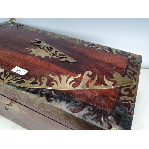 261 - An antique brass bound rosewood Writing Box, fitted with compartments and two ink wells, A/F.