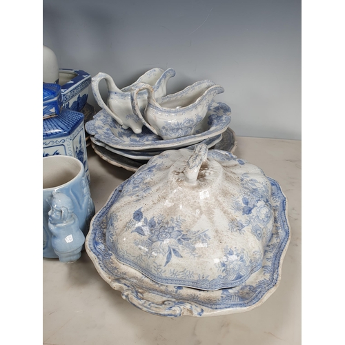 271 - A quantity of blue and white transfer decorated Plates, Tureens, pair of Vases, another baluster Vas... 