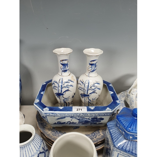 271 - A quantity of blue and white transfer decorated Plates, Tureens, pair of Vases, another baluster Vas... 