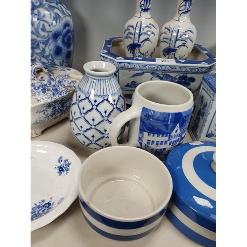 271 - A quantity of blue and white transfer decorated Plates, Tureens, pair of Vases, another baluster Vas... 