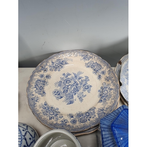 271 - A quantity of blue and white transfer decorated Plates, Tureens, pair of Vases, another baluster Vas... 