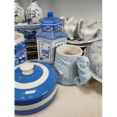 271 - A quantity of blue and white transfer decorated Plates, Tureens, pair of Vases, another baluster Vas... 