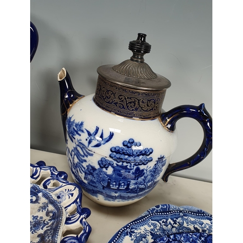 272 - A small quantity of blue and white Ceramics including Willow pattern Teapot A/F, a pair of Copenhage... 