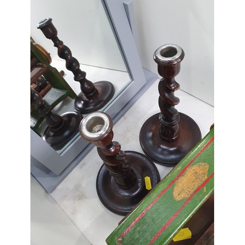 318 - A Folk Art model of a Mangle, a pair of barleytwist Candlesticks, a Black Forest style carving of a ... 