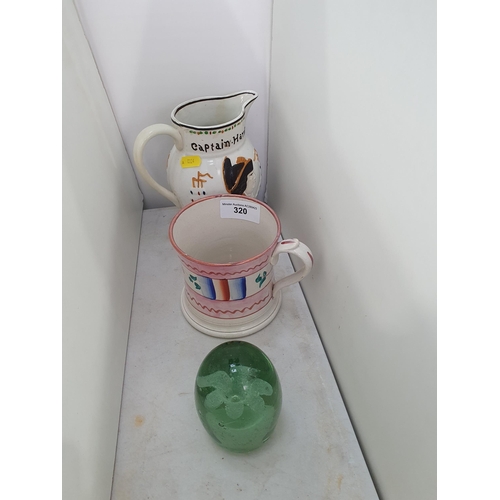 320 - A Prattware Nelson Jug, 6in H, restored, a lustre waisted Tavern Mug, A/F and a green glass Dump Wei... 