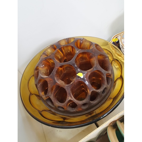 344 - A quantity of Coalport style floral painted teaware, an amber glass Rose Bowl, pair blue and white M... 