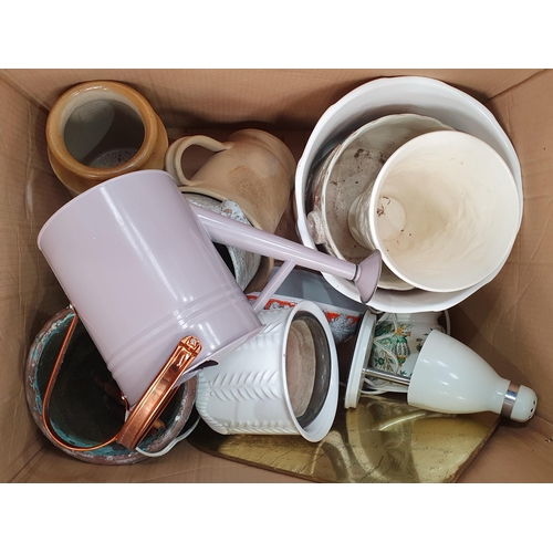 357 - Two boxes containing a Globe, a Table Lamp (failed PAT) and Shade, Prints, a Watering can, Pots and ... 