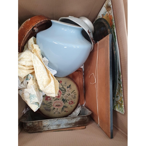 359 - Two Victorian tapestry Footstools, a rosewood Tea Caddy, Tureen A/F, plated and brass models of Phea... 