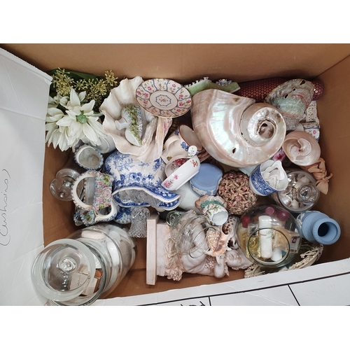 368 - Two boxes of ceramics and glass including a multi-coloured Dump Weight, a Prattware Teapot, A/F, She... 