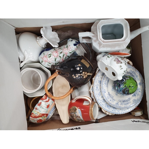 368 - Two boxes of ceramics and glass including a multi-coloured Dump Weight, a Prattware Teapot, A/F, She... 