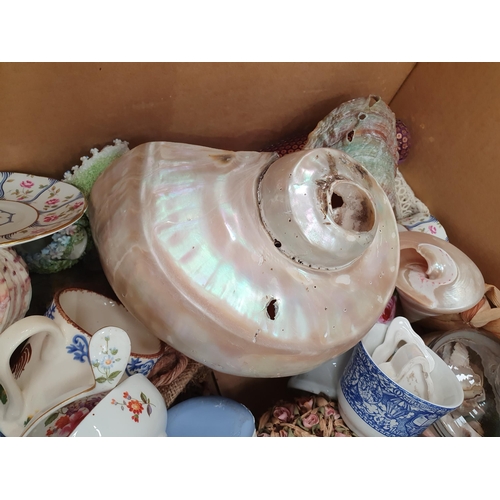 368 - Two boxes of ceramics and glass including a multi-coloured Dump Weight, a Prattware Teapot, A/F, She... 