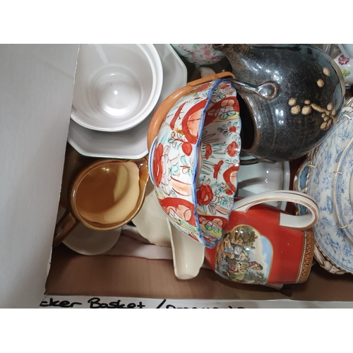 368 - Two boxes of ceramics and glass including a multi-coloured Dump Weight, a Prattware Teapot, A/F, She... 