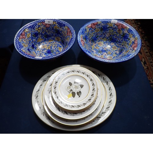 54 - A pair of Spanish pottery decorative Bowls 12 in, one A/F and a quantity of Royal Worcester Plates 