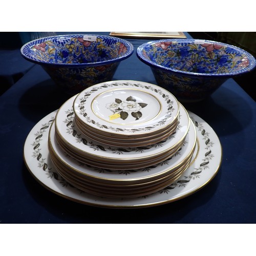 54 - A pair of Spanish pottery decorative Bowls 12 in, one A/F and a quantity of Royal Worcester Plates 