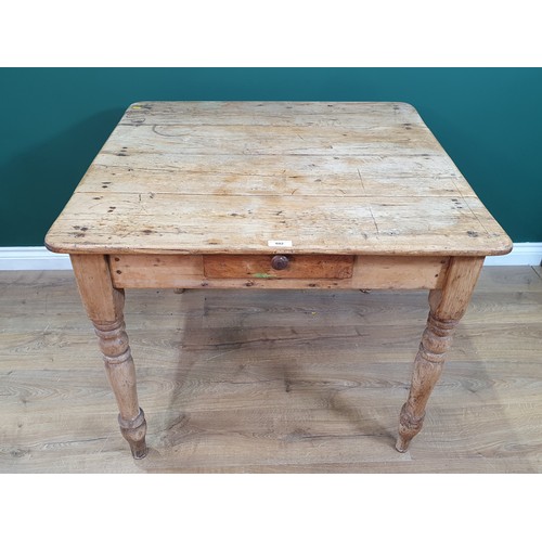 602 - A rustic pine Kitchen Table with single fitted drawer on turned supports, 3ft x 35