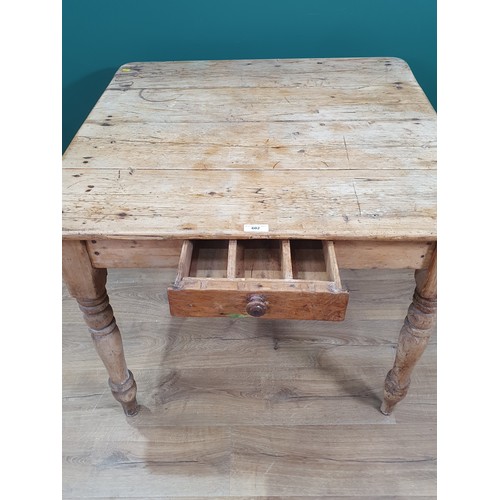 602 - A rustic pine Kitchen Table with single fitted drawer on turned supports, 3ft x 35