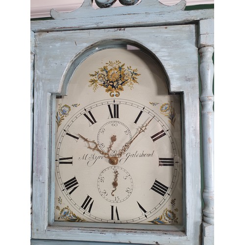 263 - A blue painted Longcase Clock with painted arched dial inscribed  M Ayre, Gateshead, 30 hour movemen... 