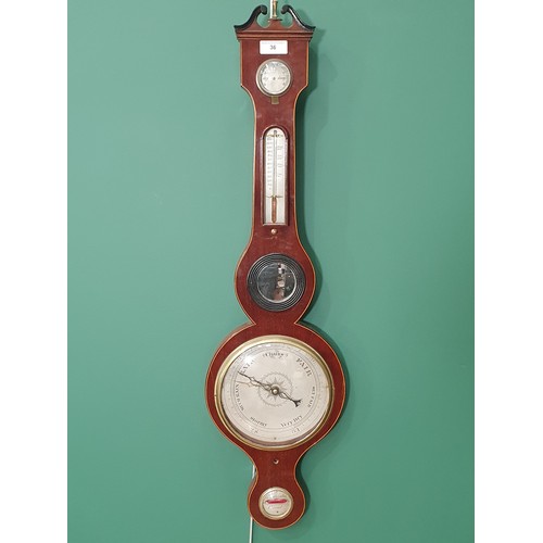 36 - A mahogany and inlaid banjo Barometer with swan neck pediment