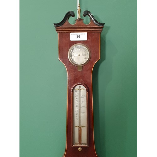 36 - A mahogany and inlaid banjo Barometer with swan neck pediment