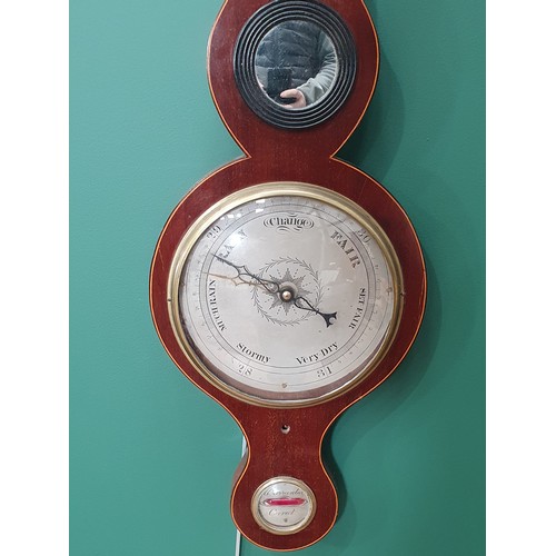 36 - A mahogany and inlaid banjo Barometer with swan neck pediment