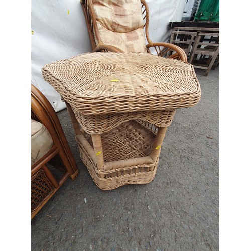 457 - A pair of Bamboo and Wicker Conservatory Armchairs, and an associated wicker hexagonal Table.