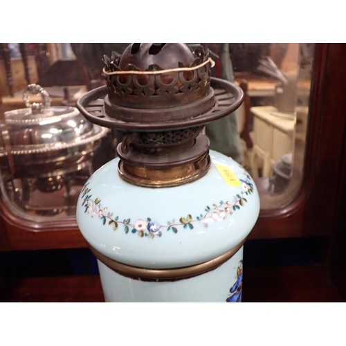 87 - A Victorian opaque glass Oil Lamp painted fruit urn, bird etc with Hinks Duplex Patent mechanism.