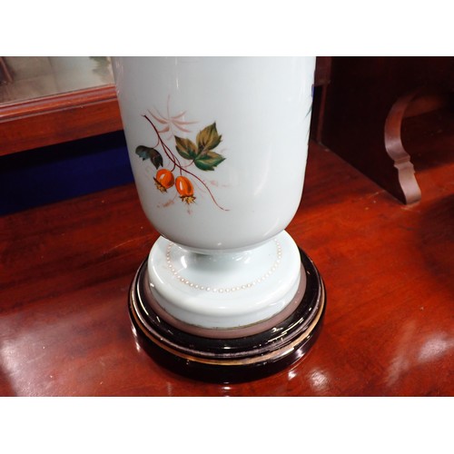 87 - A Victorian opaque glass Oil Lamp painted fruit urn, bird etc with Hinks Duplex Patent mechanism.