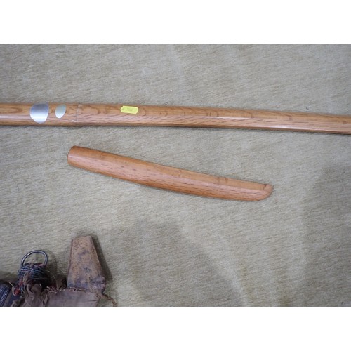 224 - A carved wooden simulated Japanese Sword and Short Sword, Arabic Knife and two boxes of military ite... 