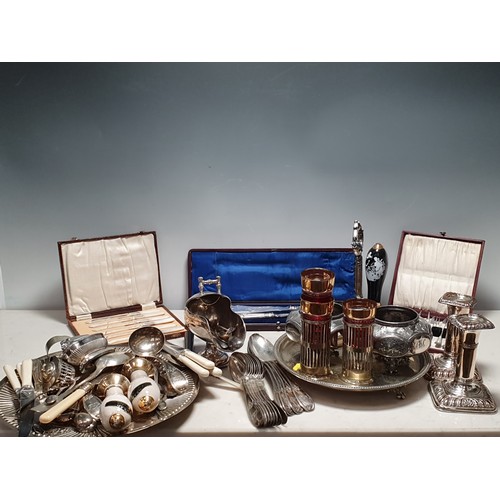 63 - A pair of Victorian silver mounted plated Fish Servers, in case, pair of plated Candlesticks, Salver... 