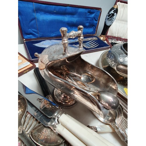 63 - A pair of Victorian silver mounted plated Fish Servers, in case, pair of plated Candlesticks, Salver... 