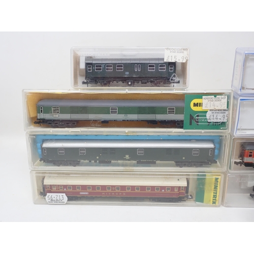 141 - Nine N gauge Continental Coaches to include; Fleischmann 8098 six wheel, 8127, Minitrix 3084, 3092, ... 