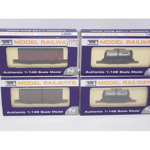 156 - Six Dapol N gauge Wagons including; Express Parcels Van, 3x Unigate Creameries Tankers, Midland Regi... 