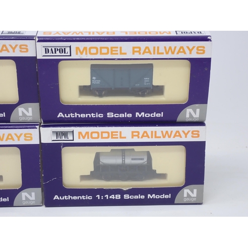 156 - Six Dapol N gauge Wagons including; Express Parcels Van, 3x Unigate Creameries Tankers, Midland Regi... 