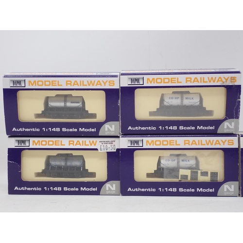 157 - Five Dapol N gauge Wagons including 3x six wheel Milk Tanks, Unigate Creameries Tank and BR blue Van... 