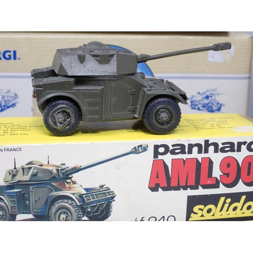 86 - A boxed Solido Panhard AML90, a Solido M34 Army Wagon, a Solido No.6027 VAB 4x4, a Solido limited ed... 