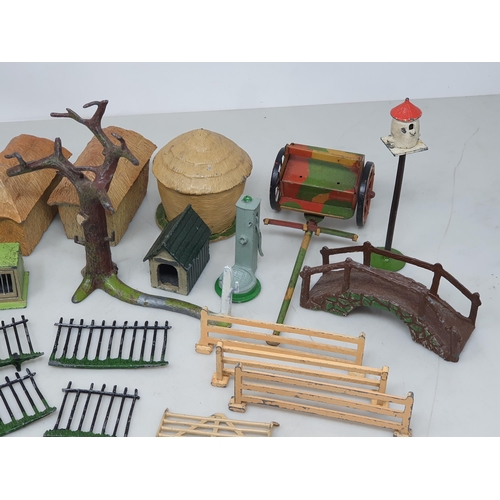 95 - A box of Britains Farm Animals, Fencing, Hay Stacks, Trees, Bridge and Carts