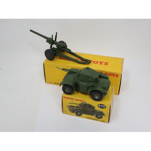 377 - Dinky Toys 623 Army Covered Wagon, 670 Armoured Car, 673 Scout Car and 692 5.5 Medium Gun, boxed