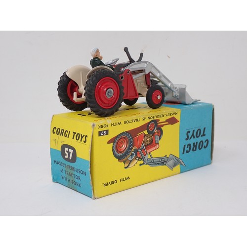 414 - Corgi Toys 57 Massey-Ferguson 65 Tractor with fork, boxed with packing