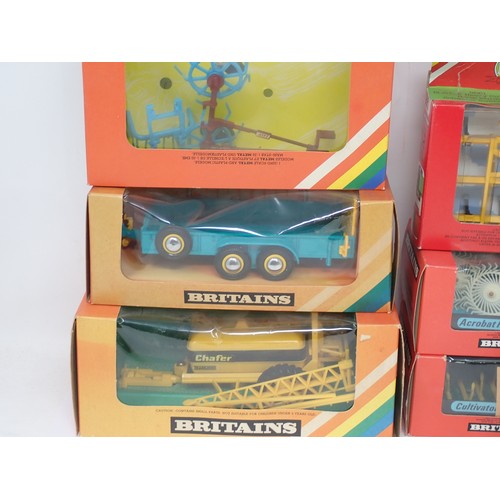 426 - Seven items of boxed Britains Farm Machinery including Tine Harrows, Acrobat Rake, 9533 Low loader T... 