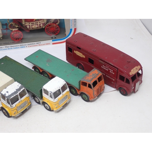 438 - Six unboxed Dinky Supertoys including Snow Plough, Shell Tanker, Mobilgas Tanker, BR Horse Box and t... 