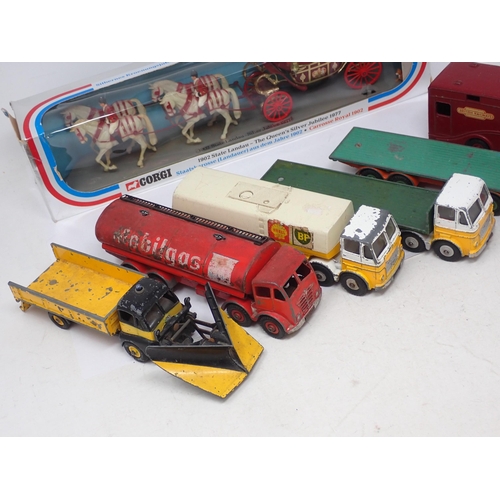 438 - Six unboxed Dinky Supertoys including Snow Plough, Shell Tanker, Mobilgas Tanker, BR Horse Box and t... 