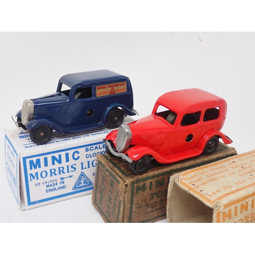 442 - Triang Minic Ford Saloon in damaged box, Morris Saloon in damaged box and Morris Light Van in reprod... 