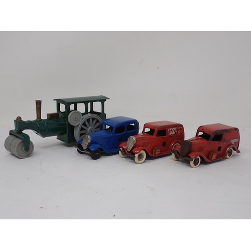 452 - Two Triang Minic clockwork Royal Mail Vans, a blue Saloon Car and a Traction Engine