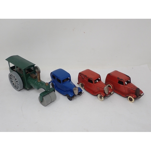 452 - Two Triang Minic clockwork Royal Mail Vans, a blue Saloon Car and a Traction Engine