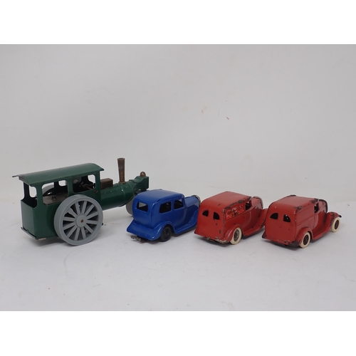 452 - Two Triang Minic clockwork Royal Mail Vans, a blue Saloon Car and a Traction Engine