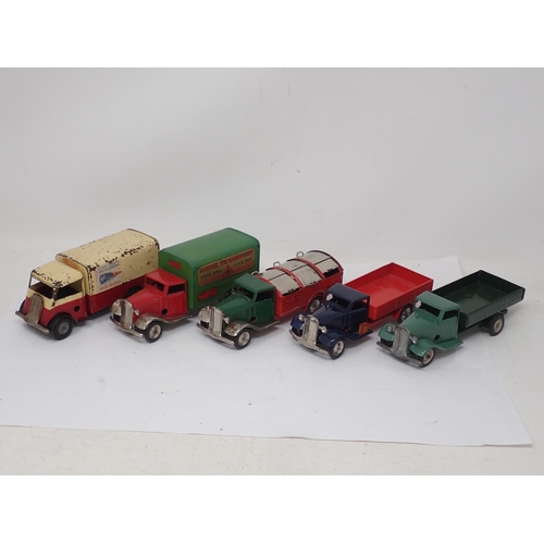 455 - Five Triang Minic clockwork Vehicles including two open Lorries, Refuse Van and two other Vans