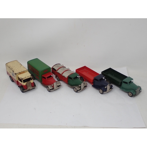 455 - Five Triang Minic clockwork Vehicles including two open Lorries, Refuse Van and two other Vans