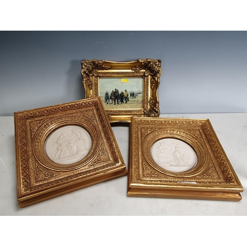 642 - A pair of gilt framed circular parian Plaques, 5 1/2in diam and gilt framed print