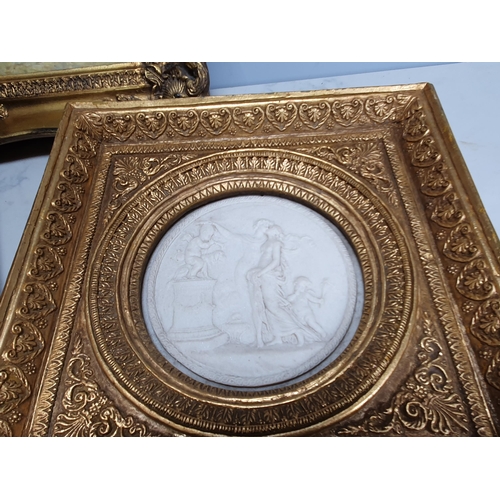 642 - A pair of gilt framed circular parian Plaques, 5 1/2in diam and gilt framed print