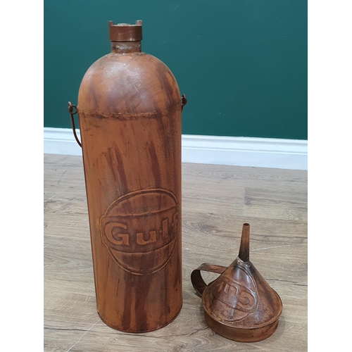 73 - A reproduction Gulf Can with swing handle and a Gulf Funnel.